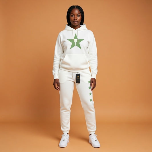 Théard Star Emblem Hoodie & Jogger Set (Ivory White/Sage Green)