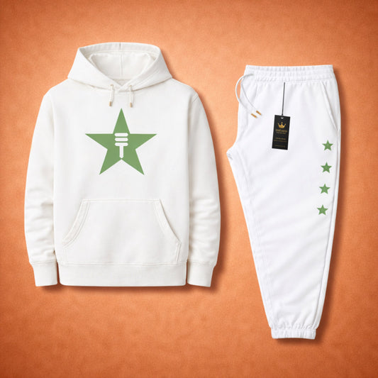 Théard Star Emblem Hoodie & Jogger Set (Ivory White/Sage Green)